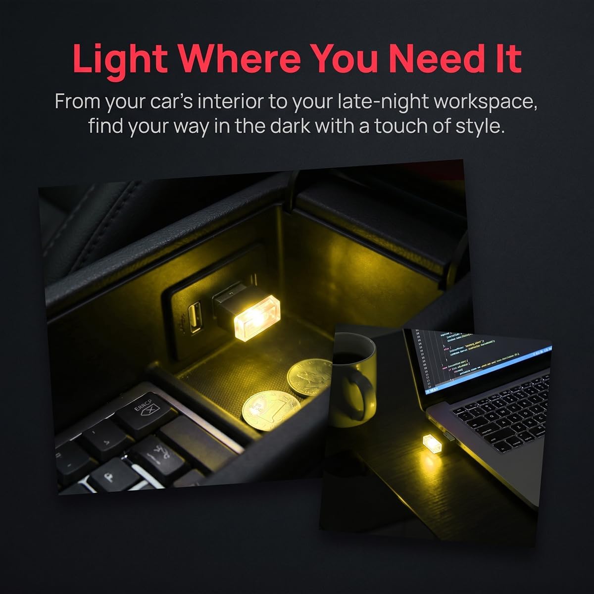 2PCS USB LED Car Interior Atmosphere Lamp, Portable Mini, Yellow