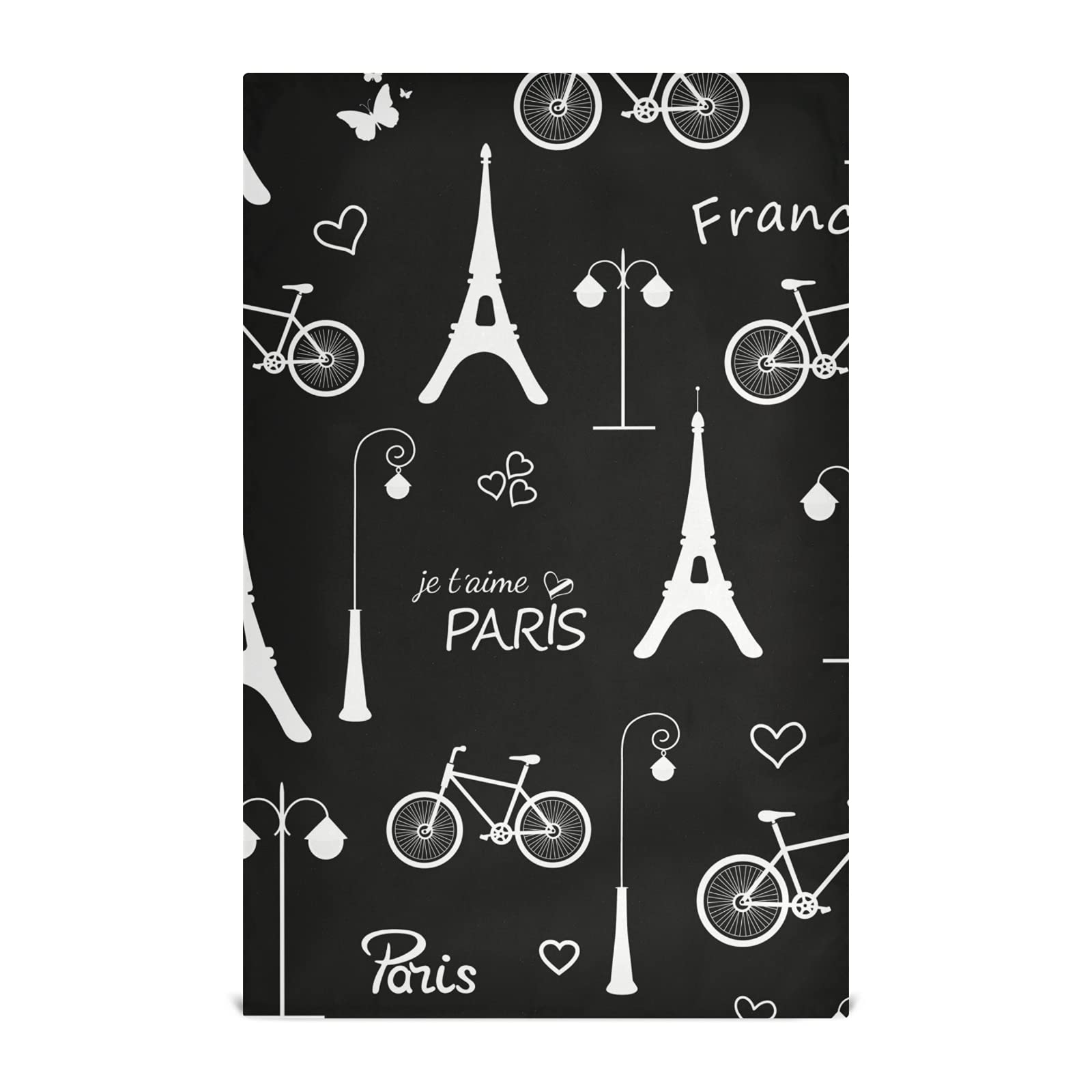 Poeticcity White Eiffel Tower Bicycle Ords Paris France On Dark Black 1 Pack Polyester Kitchen Dish Towel, Hand Bar Tea Towels With Hanging Loop, Hemmed Napkintowel Dishtowels Waffle Dishcloths