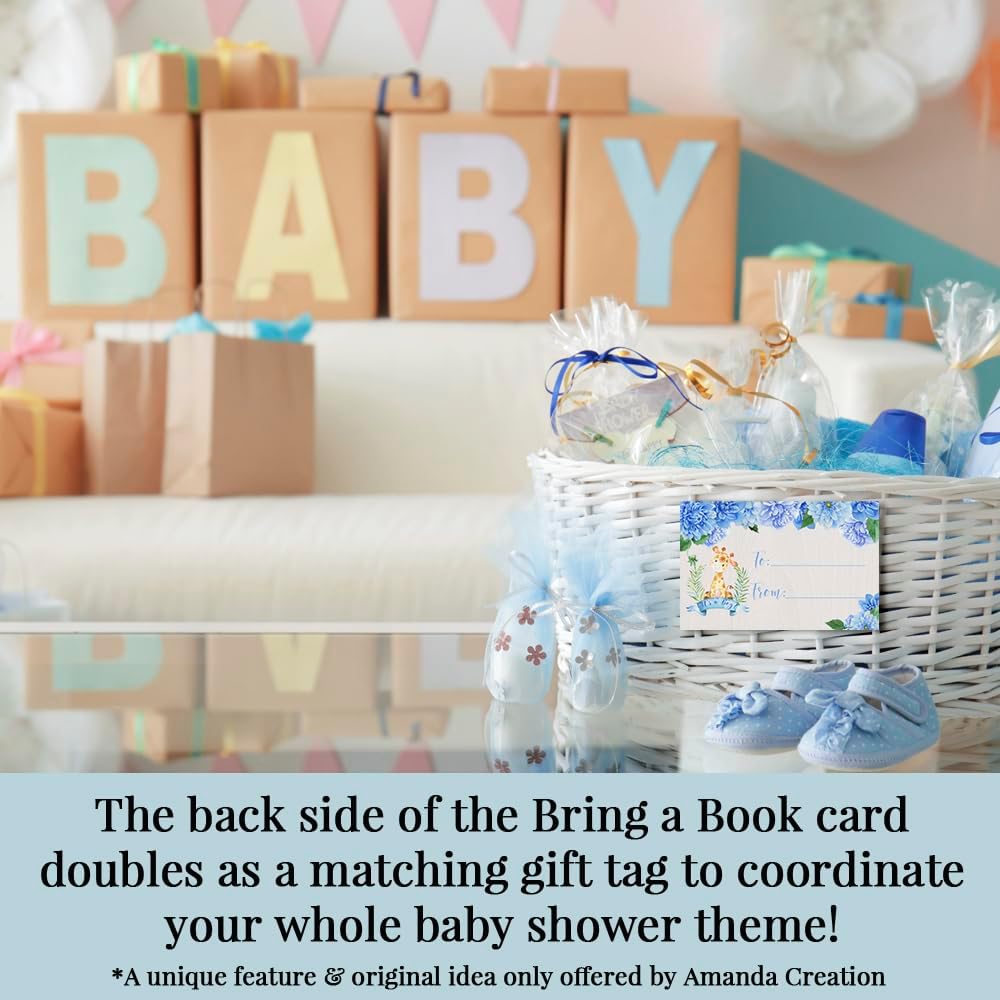 Amanda Creation Baby Shower Invites for Boys – Dahlia Floral Giraffe Baby Shower Invitation Bundle with Diaper Raffle Tickets, Book Request Cards & Envelopes. Set of 20 5X7 Blue Invitation Kit Sets