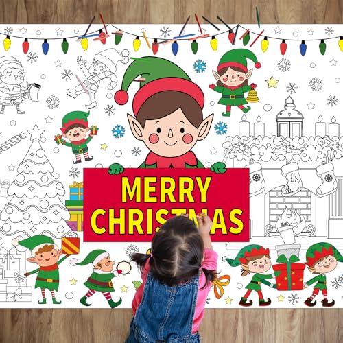 Christmas Giant Coloring Poster Merry Christmas Large Coloring Tablecloth 43.3 x 31.5 Inch Xmas Elf Drawing Jumbo Paper for Kids Gifts Activities Toys Crafts Home Classroom Holiday Party Decorations