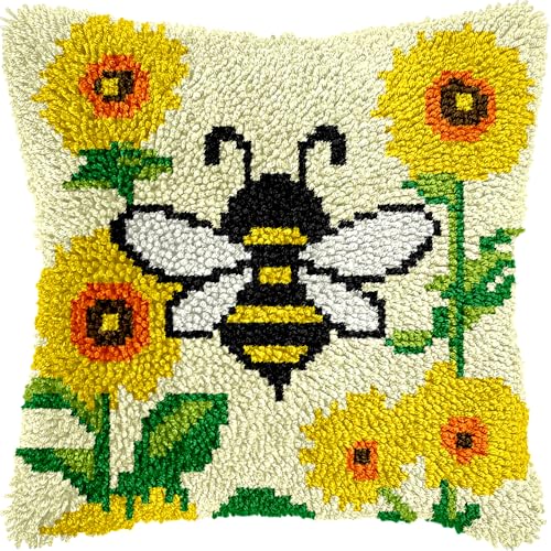 Image of veirousa Bee Sunflower Latch Hook Kits for Adults Beginners, Pre-Printed Animal Latch Hook Pillow Kit, Craft Rug Making Kits, DIY Embroidery Cushion for Home Sofa Decor & Gift Idea 17x17 in.