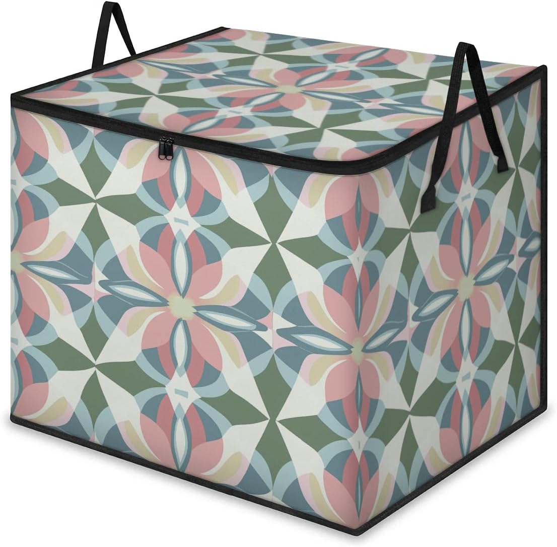Abstract Geometric Large Storage Bags Flower Floral Foldable Clothes Storage Bins Blanket Organizers Storage Containers with Reinforced Handles for Closet Comforter Pillow Bedding