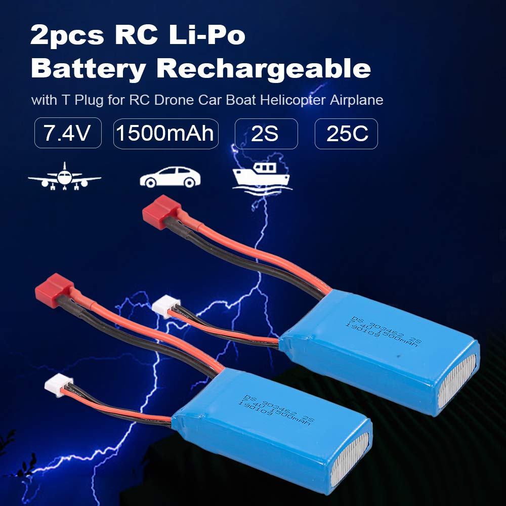 Goolsky- ZOP Power RC Li-Po Batería 7.4V 1500mAh 25C 2S Recargable con T Enchufe for RC Drone Coche Barco Helicóptero Avión 2pcs