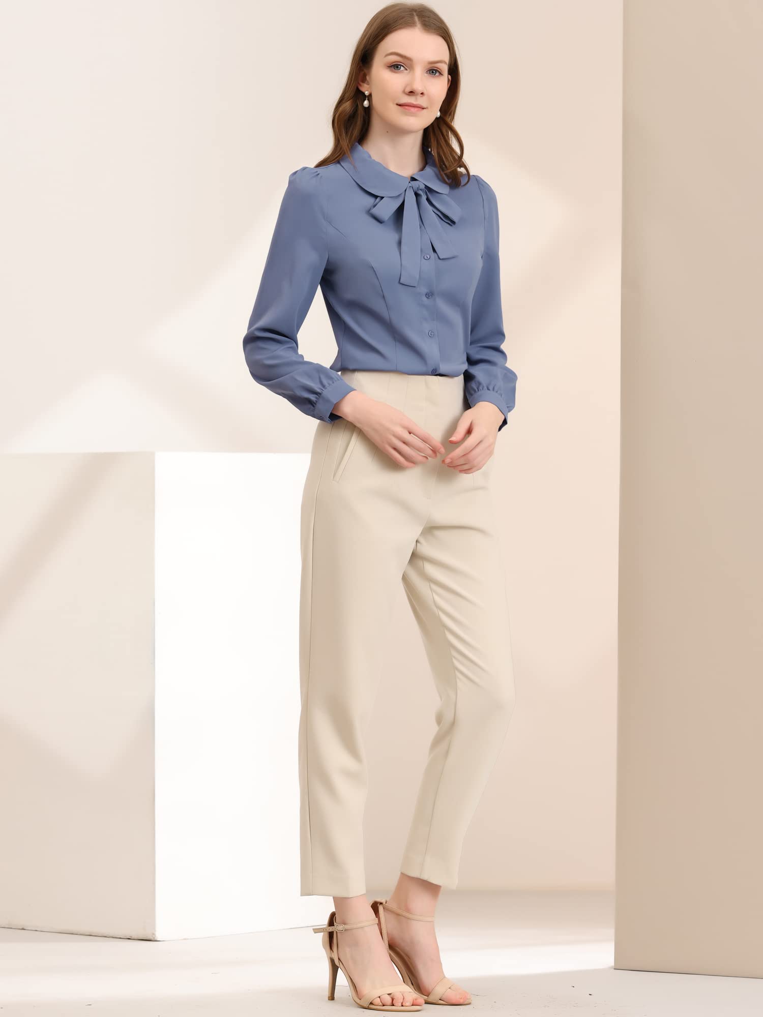 Allegra K Damen Langarm Chiffon Hemd Bubikragen Krawatten Ausschnitt Knopfleiste Elegante Top Bluse