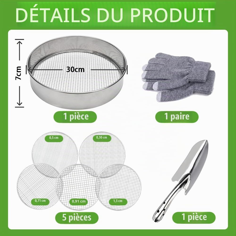 Tamis de Jardin en Acier Inoxydable,5 en1 Tamis Jardin Rond 30 cm,avec 5 Tamis Interchangeables Ø 3,6,9,10,12 mm,Tamis de Jardin Rond,Tamis à Compost pour Terre, Compost, Semences