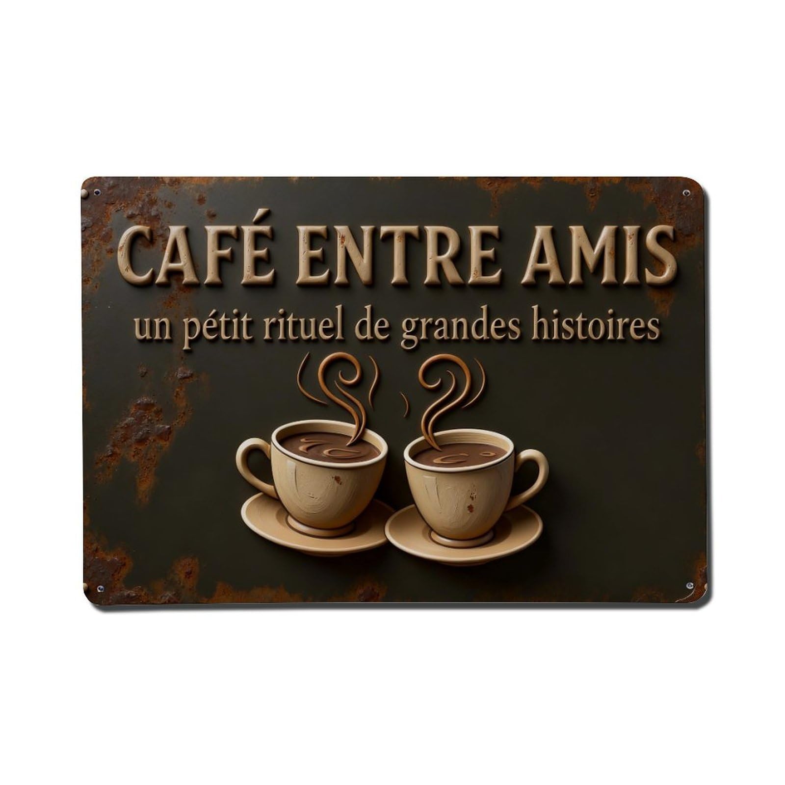 Cafe Entre Amis Two Cups Steam Coffee Ritual Stories Friendship Warmth Metal Tin Sign Plaque