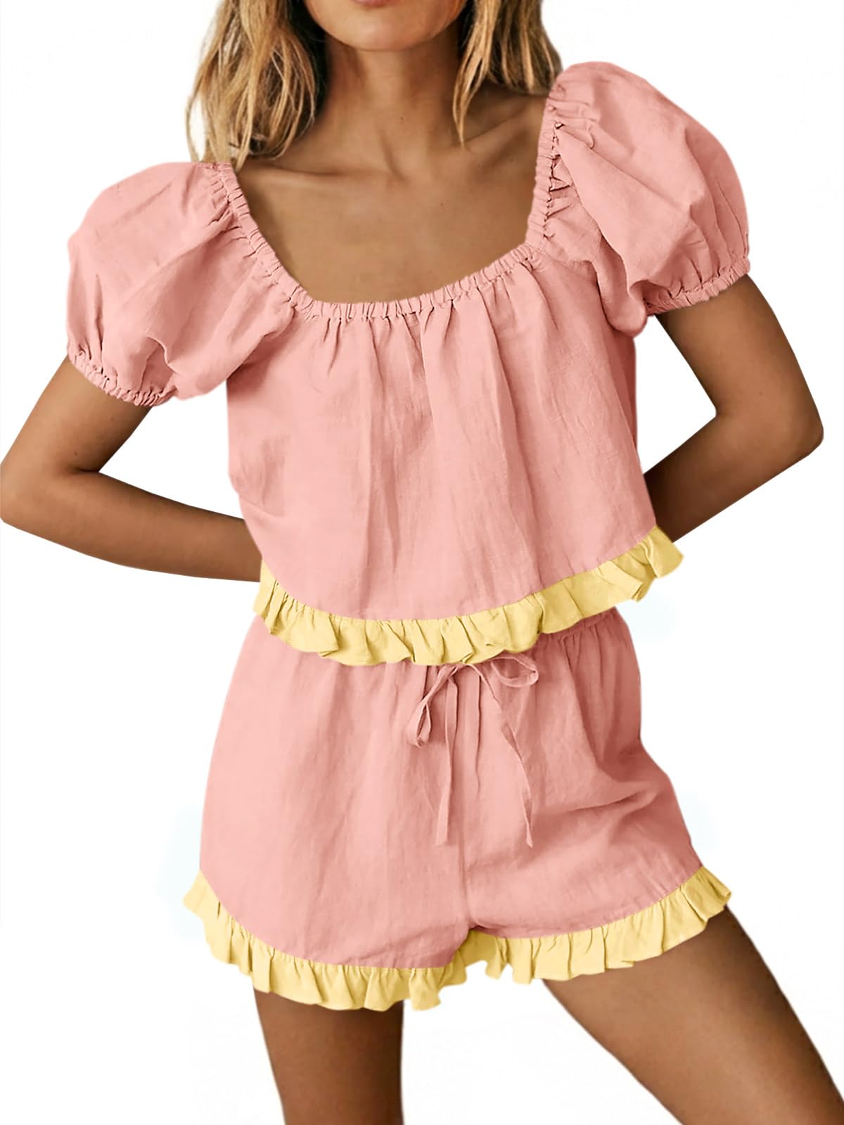 Tankaneo Womens 2 Piece Short Sets Summer Puff Sleeve Square Neck Babydoll Tops Cute Lounge Set Cotton Vacation