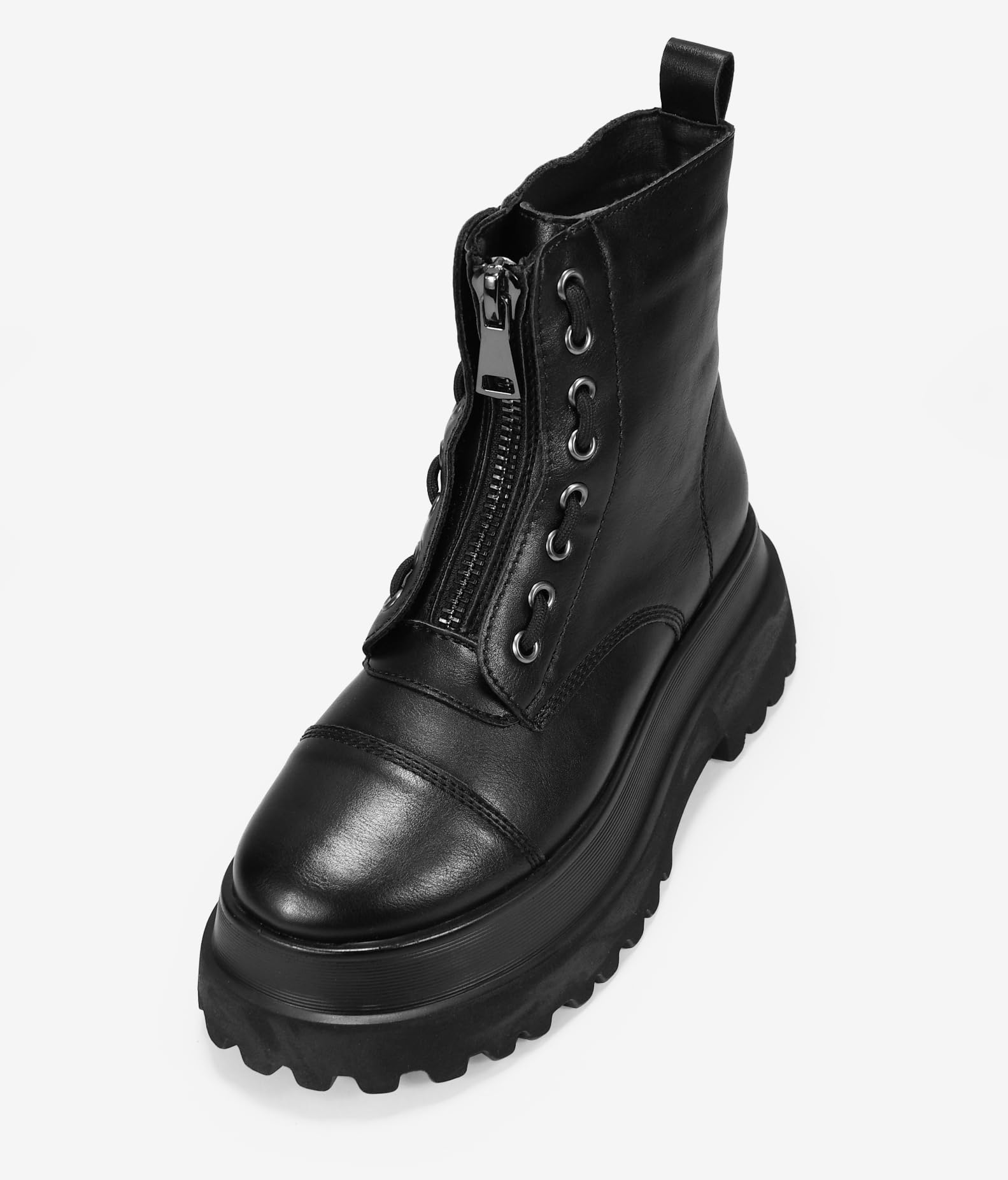 BOSANOVA Bottes militaires noires avec fermeture éclair centrale, détail de lacets et semelle plate-forme track.