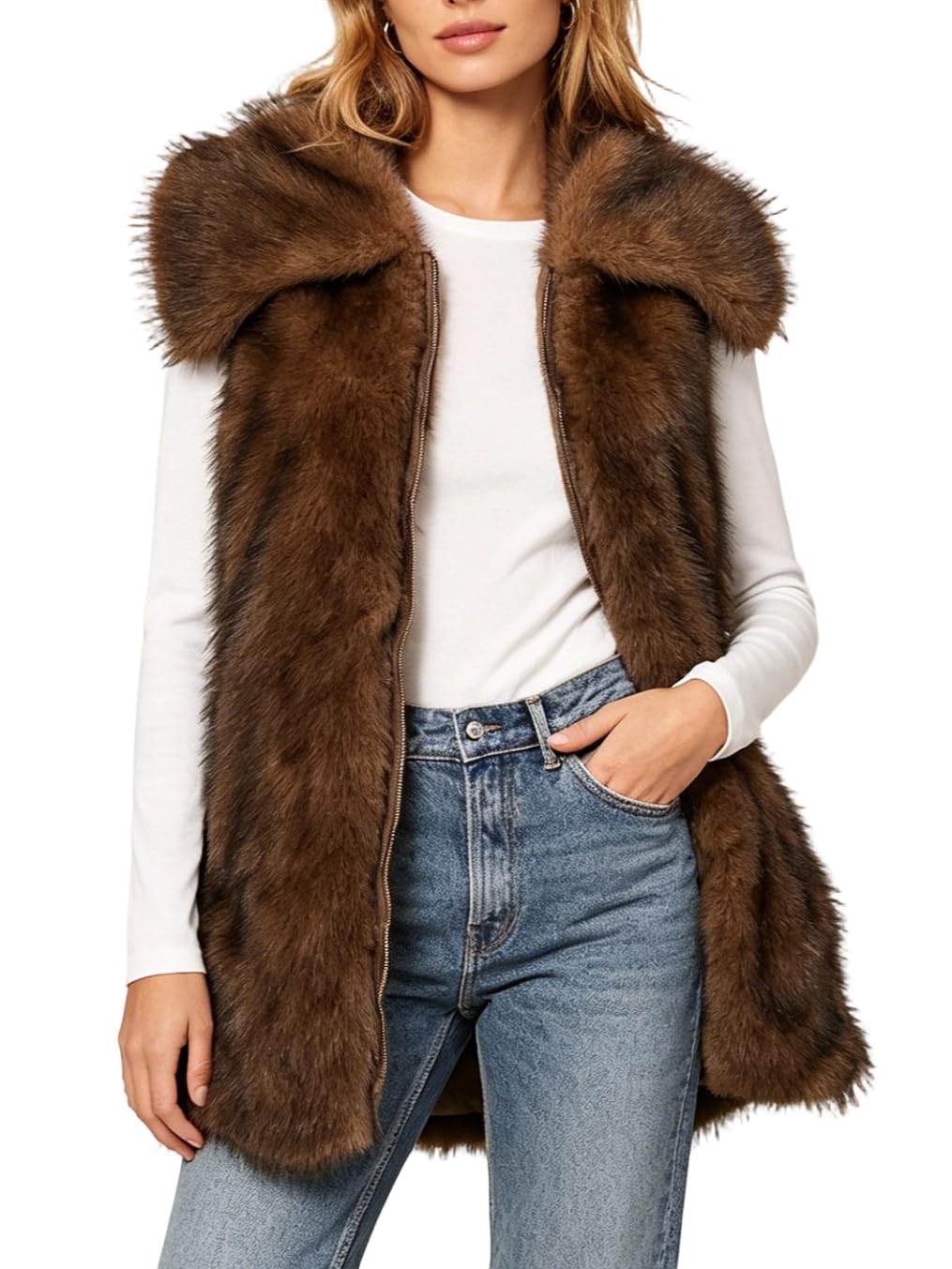Amazhiyu Gilet da donna in pelliccia sintetica, con cerniera, invernale, in finta pelliccia, con tasca, caldo cardigan per attività all'aperto