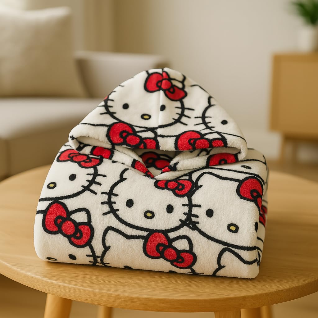 Kanguru, Felpa Coperta Donna con cappuccio, Hello Kitty Hoodie Oversize, plaid con maniche indossabile, idea regalo donna Natale o Compleanno, in pile 100% Microfibra, 85x75 cm vestibilità larga