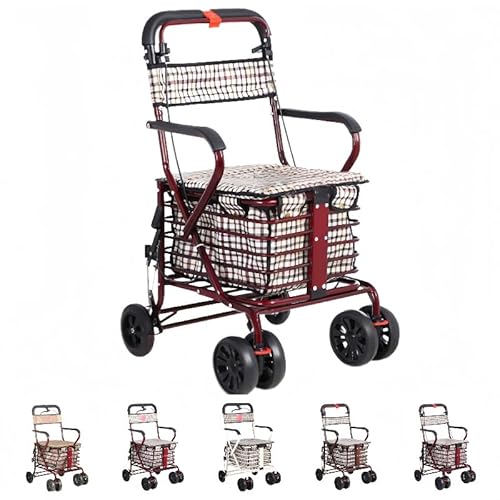 Zekono 折りたたみ式高齢者用ベビーカーフットレスト、ショッピングカート、歩行補助具、シート付き、高さ調節、ブレーキ付き (C型ショックアブソーバーダブルホイールレバーブレーキワインレッド)