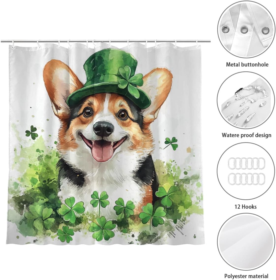 St Patrick's Day Shower Curtain Clover Shamrock Bathroom Curtain Set Corgi Shower Curtain Bath Decor Green Shower Curtain with 12 Hooks 72" x 72"