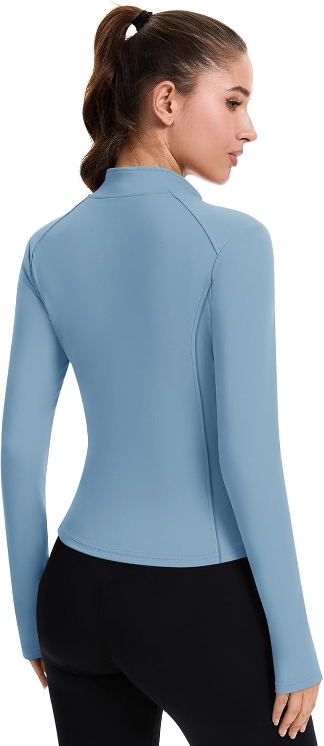 ZHENWEI Workout Jackets for Women Full Zip Up Cropped Athletic Long Sleeve Lightweight Slim Fit Running Tops with Pockets - Image 2