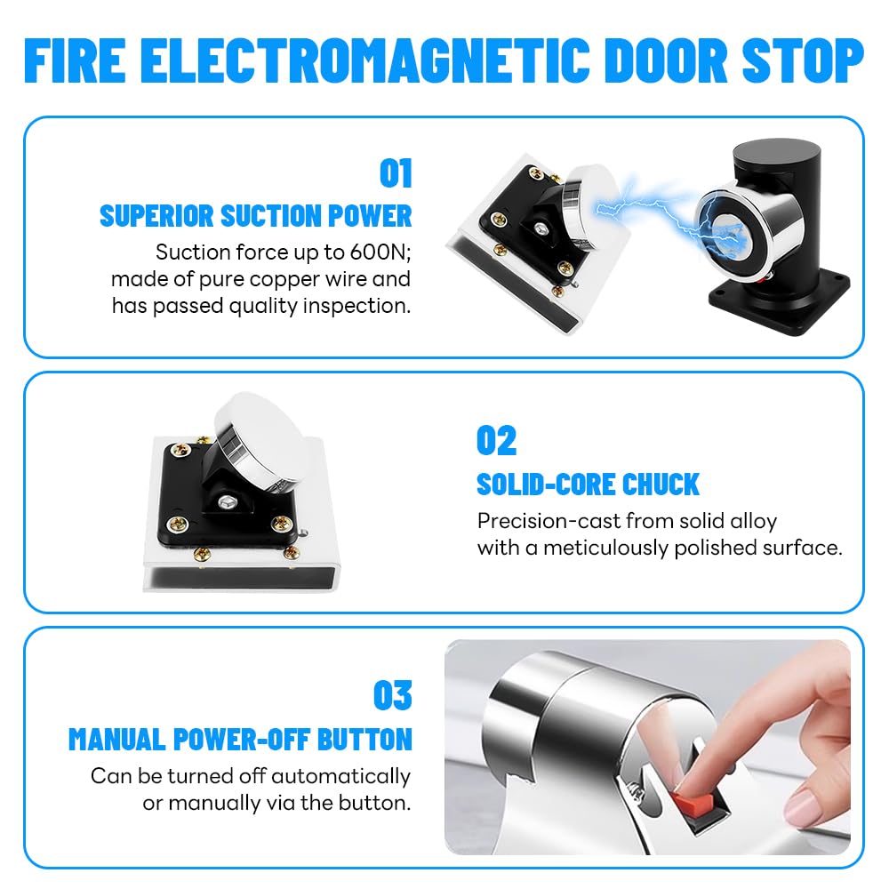 Elektromagnetischer Türstopper (12 V DC), Edelstahl, verlängerte Bodenmontage, Haltekraft 60 kg (132,3 lbs), elektrisch-magnetisches Schloss für 12–20 mm dicke Glastüren, Zutrittskontrollsystem
