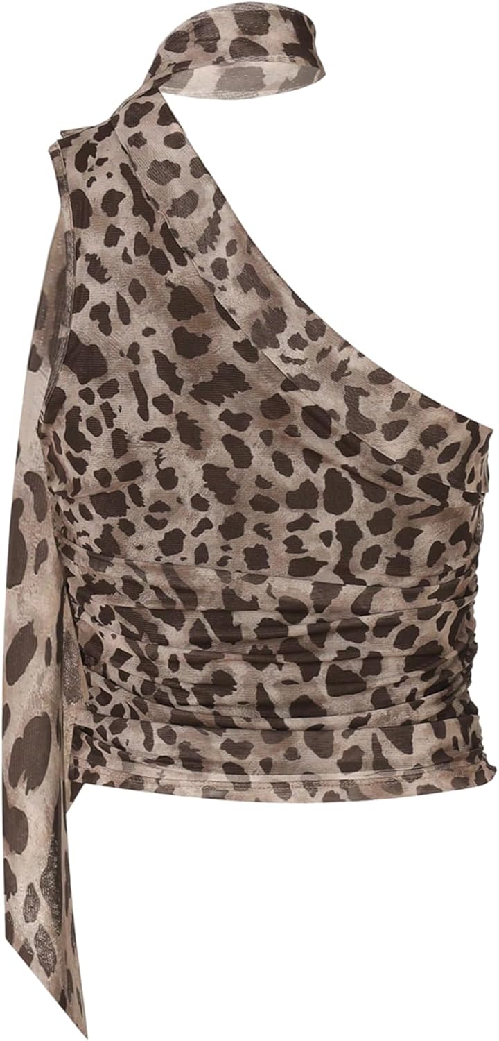 Women's Leopard Asymmetrical Halter Tops Sleeveless Slim Fit Summer Going Out Y2K Crop Tank Top