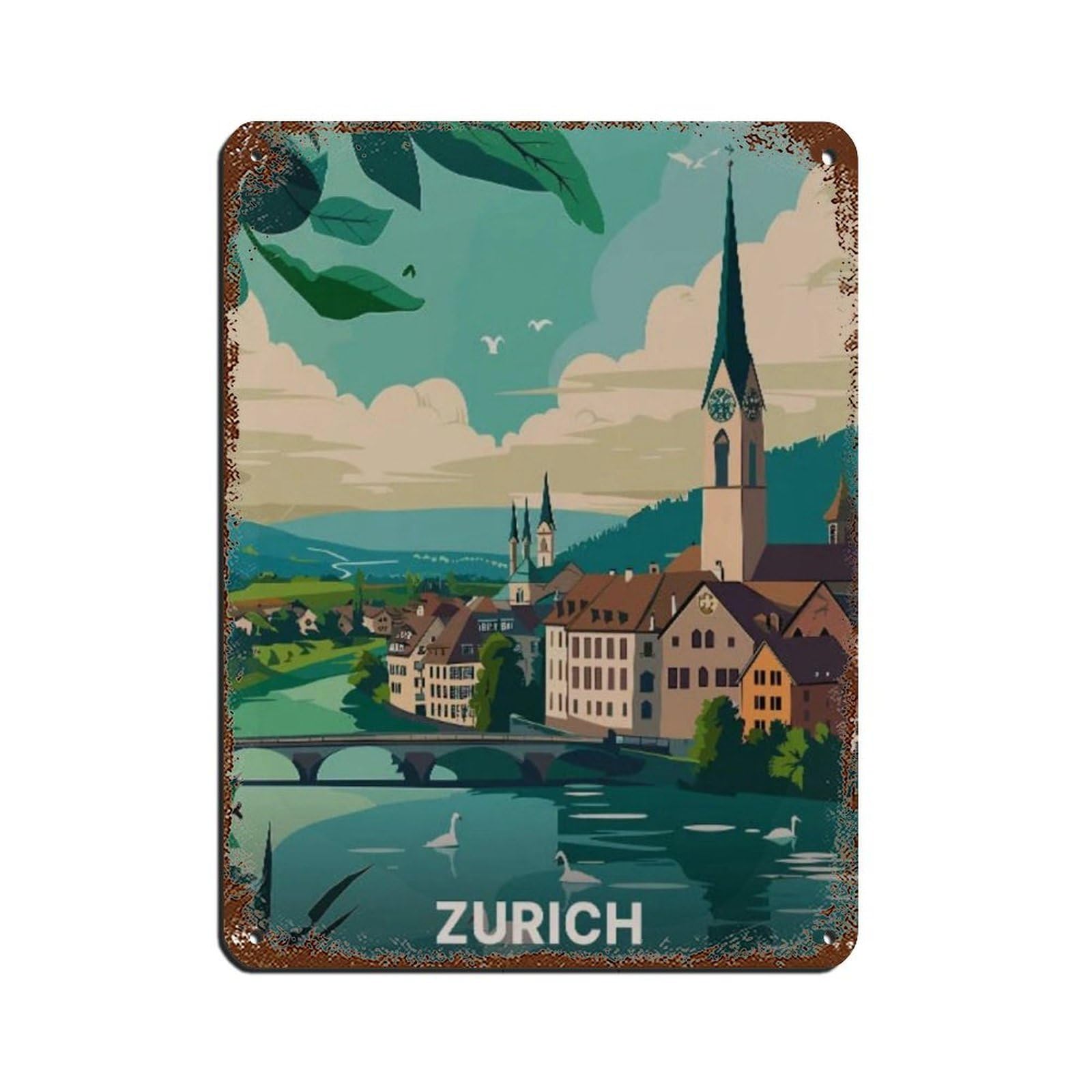 Affiche vintage en métal de Zurich une décoration murale rétro suisse de 30 x 40 cm pour salon