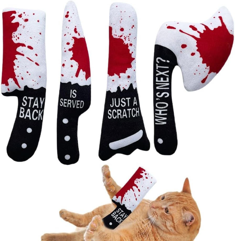 Halloween Plush Knife Toy Set for Cats and Dogs, 4-Pack Soft Plush Pet Toys with Crinkle Sound and PP Cotton Filling, Fun Interactive Pet Toys