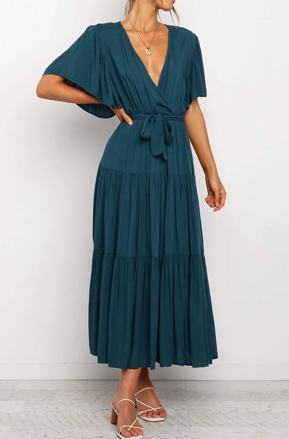 R.Vivimos Summer Dress for Women Cotton Ruffle Short Sleeves V Neck Casual Flowy Midi Dress with Belt - Image 3