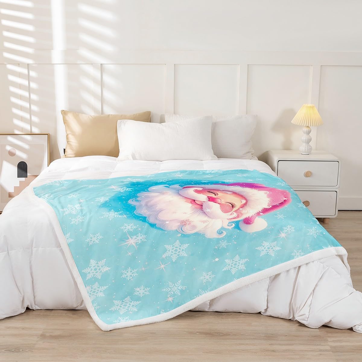 Feelyou Cute Christmas Santa Claus Sherpa Plush Blanket Blue White Snowflake Fleece Throw Blanket Merry Fuzzy for Kids Boys Girls Sofa Bed Couch 60"x80"