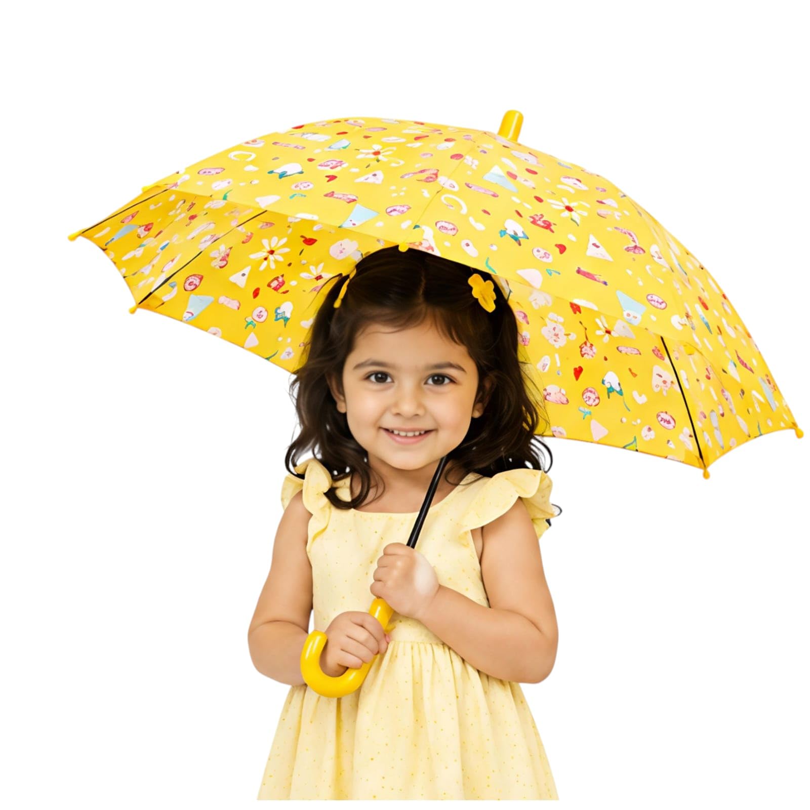 Kids Umbrella, Yellow with Colorful Printed Pattern, Curved Handle, for Boys and Girls-image-17