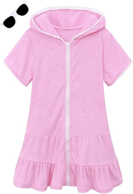 LUCKYGAL Girls Swim Cover Up Kids Swimsuit Coverup Terry Zip-Up Beach Bathing Suit Robe with Sunglasses