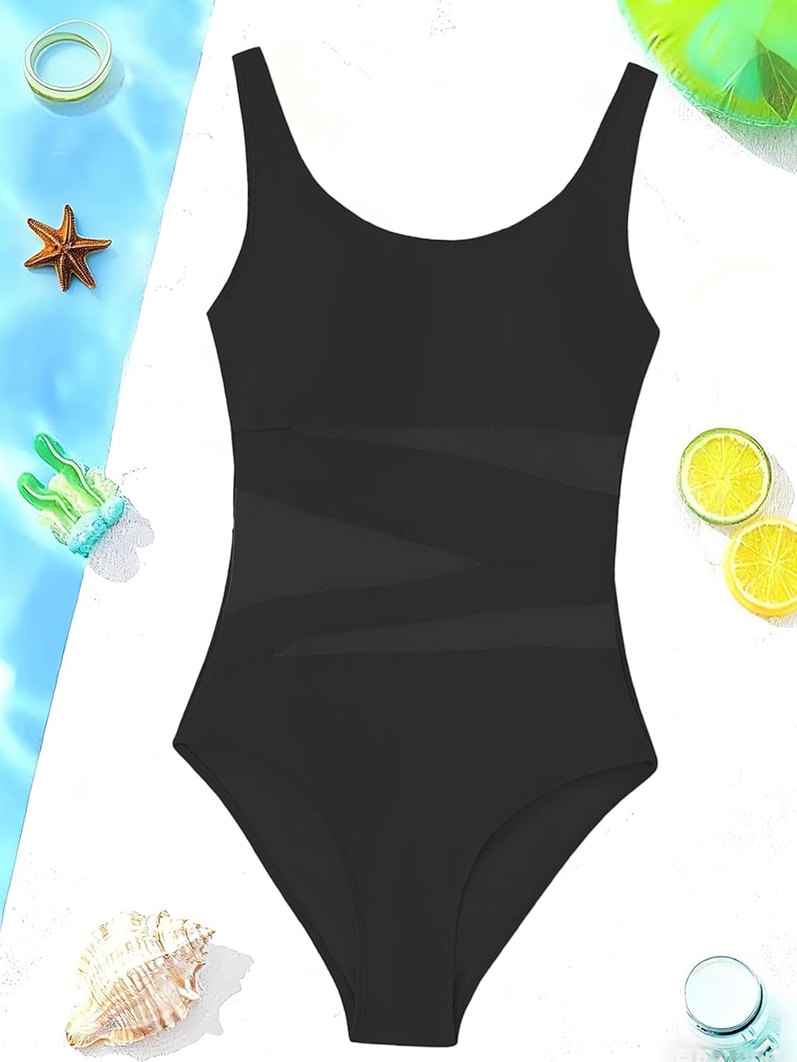 Girls Swimsuit Mesh One Piece Bathing Suit for Girls Solid Color Adjustable Straps Padded Swimwear 11-16Y - Image 6