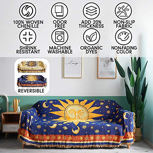 Maynest Sun And Moon Stars Hippie Throw Blanket Celestial Tapestry Double-Sided Reversible Woven Cotton Home Decor Bedding Chair Couch Recliner Cover Loveseat Rug Oversized Tassels Blue Yellow (91X71) #TOP1