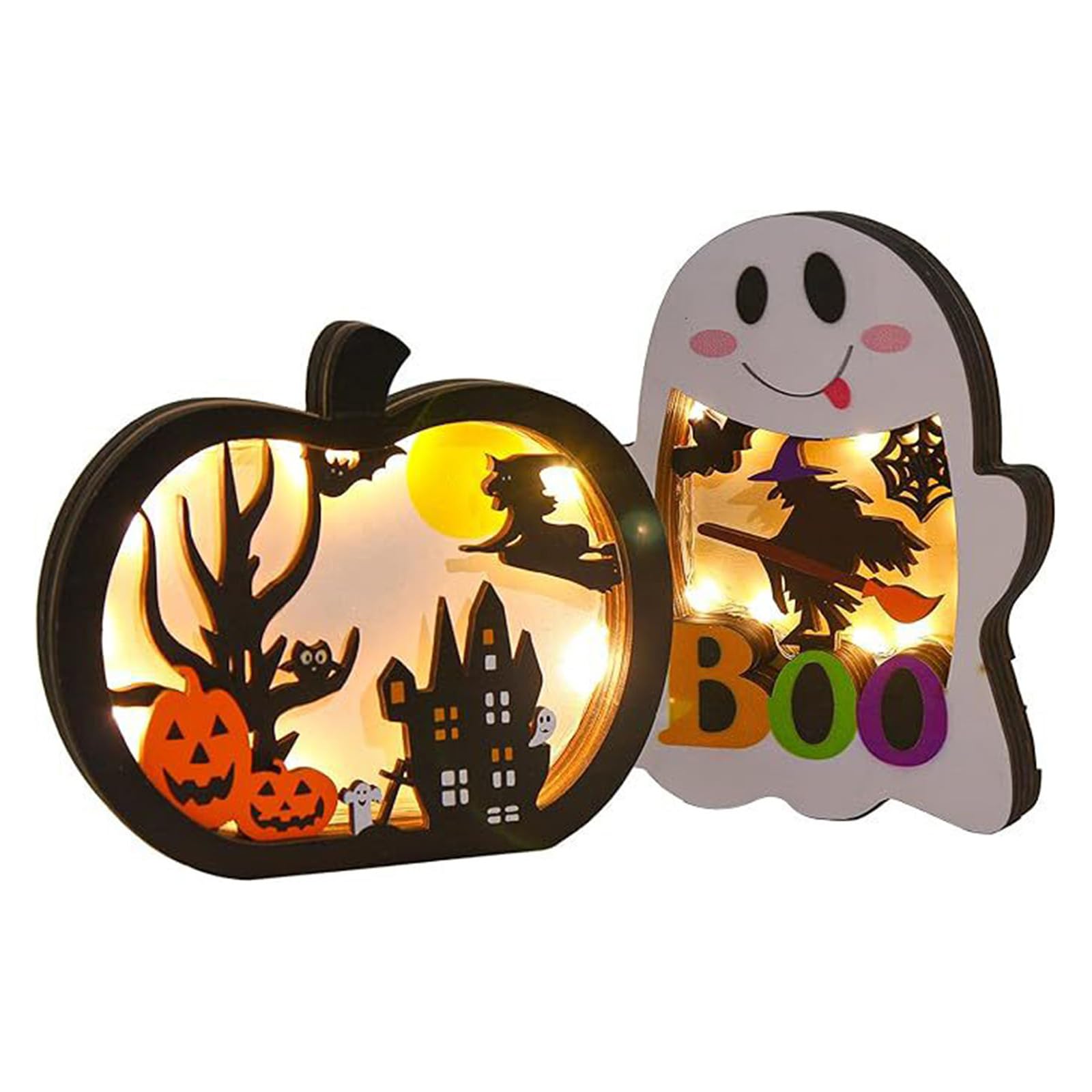Nucelit 2Pcs Halloween Decoration Desk Lamp Wooden Ghostly Pumpkin LED Nightlight for Tabletop Bookshelf Mantels Home Decoration Glowing Pumpkin Lights
