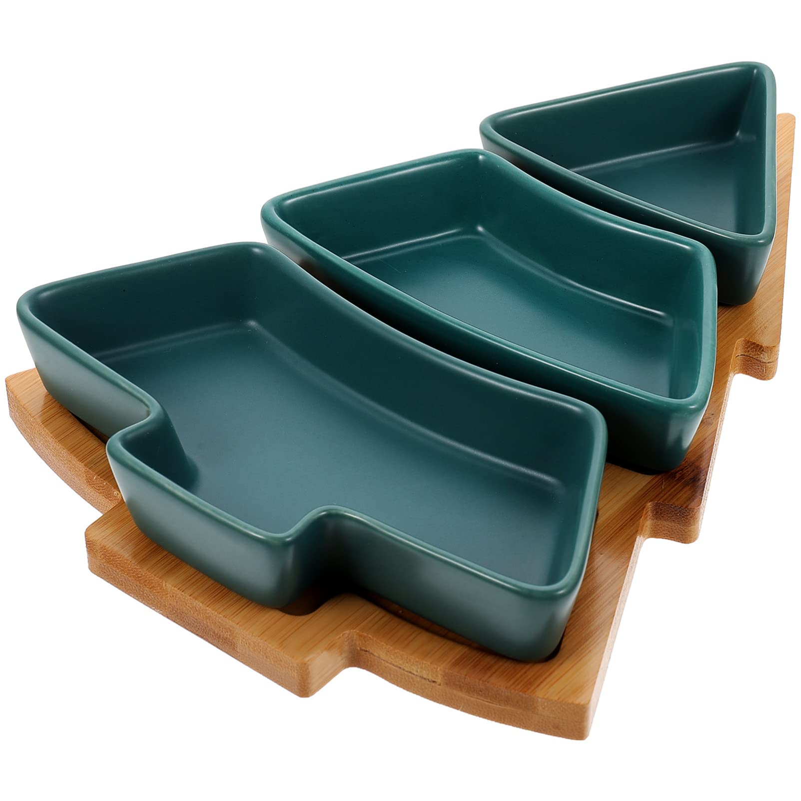 UPKOCH Christmas Tree Shaped Ceramic Snack Trays with Wooden Base, Green Appetizer Plates for Nuts, Candy Dessert, Holiday Party Serving Platter, 10.38in