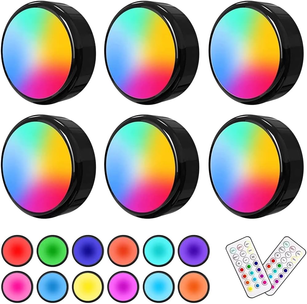 Beauenty 6 Packs LED Puck Lights with Remote Control, Wireless Motion Sensor Lights Battery Operated, 13 Color RGB LED Under Cabinet Lighting, Dimmable Closet Light