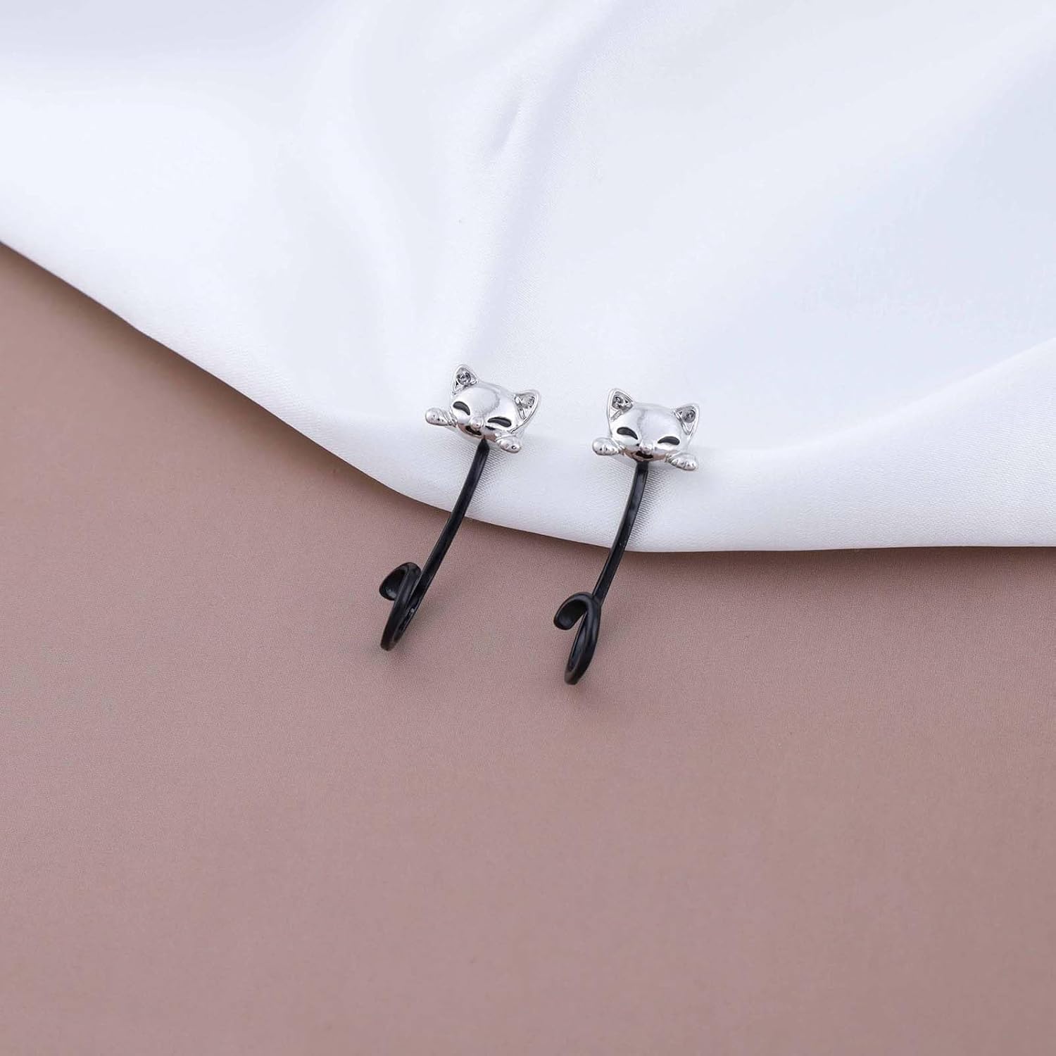 Boho Cat Ear Jacket Earrings Silver Cat Stud Earrings Cartoon Cat Earrings Two Tone Earrings Cat Front Back Earrings Jewelry for Women - Image 6