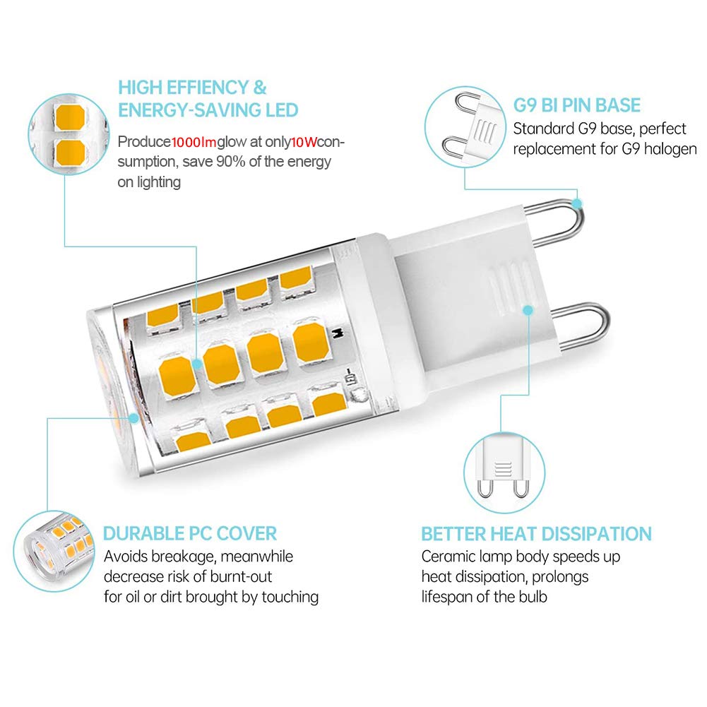 Bombilla LED G9 regulable 10 W equivalente a bombillas halógenas 100 W, cálido 3000 K, bombillas LED con casquillo G9, sin parpadeo, 1000 lm, paquete 3