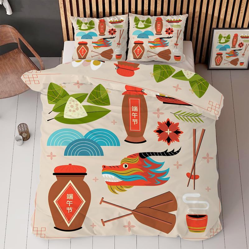 buyluhnFaucet Queen Size Duvet Cover Set, Breathable Soft Queen Size Bedding Sets Dragon Boat Festival with Zipper Closure 4 Ties for Adults Boys Girls Teenager, 3 Pieces