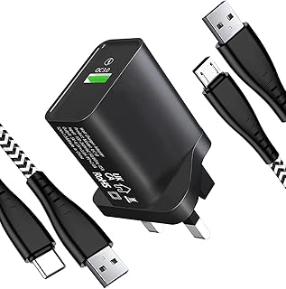 18W UK Charger Plug with Micro USB Cable and Type C Cable for Kindle Fire HD 7 8 10/8 Plus(2015 2016 2017 2018 2019 2020 2022),HD 10 Kids Edition Tablet,Paperwhite,Oasis,Fast Quick Charge 3.0 Adapter