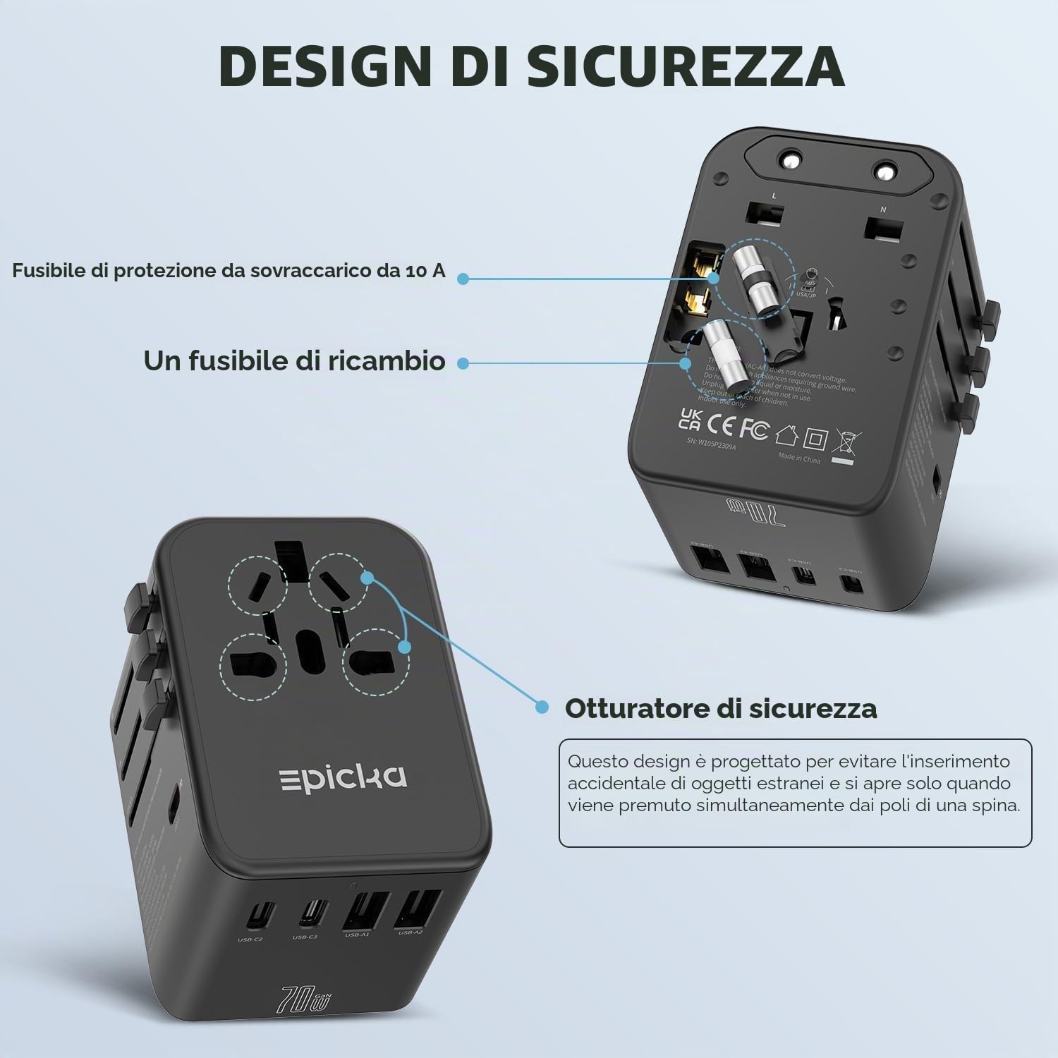 EPICKA GaN Adattatore Universale da Viaggio, PD 70W Adattatore da Viaggio con 3 USB-C, 2 USB-A, Adattatore Presa Internazionale per Giappone, America, Thailandia, Australia, UK DE,Nero
