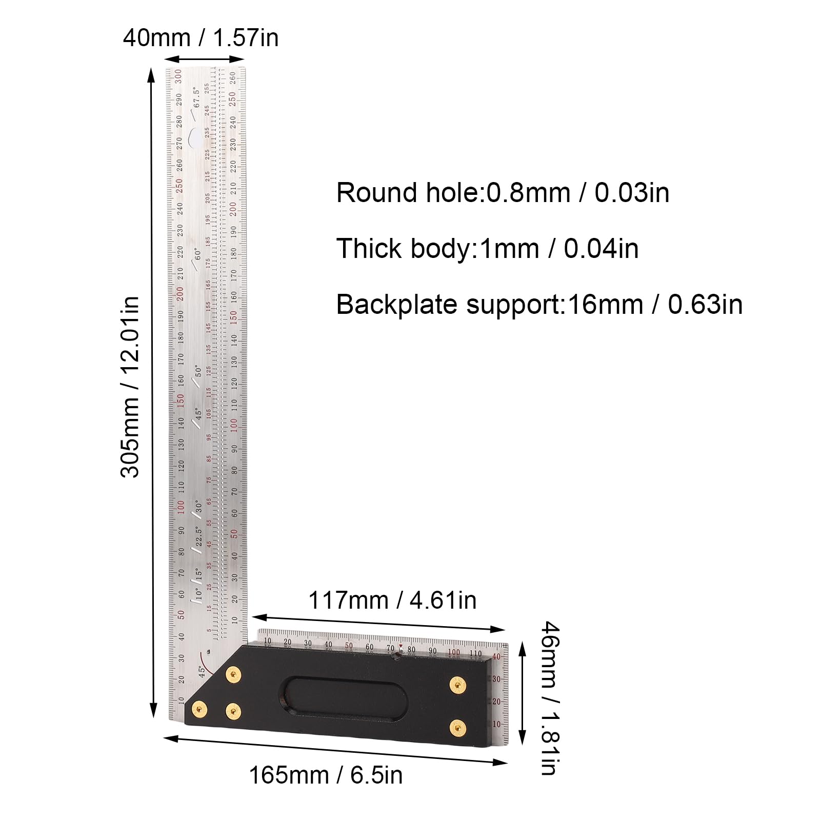 Fabater Escuadra de carpintero, escuadra de carpintero de acero inoxidable, 16,5 x 30 cm, escuadra de carpintero, regla de ángulo recto,herramientas de enmarcado,regla en forma de L