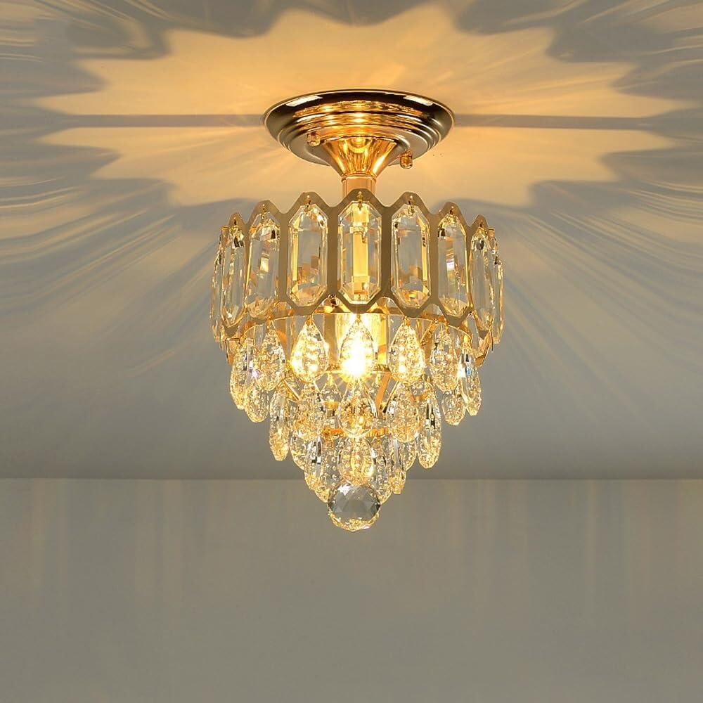 LYMSXAZOU Small Crystal Chandelier Flush Mount Ceiling Light Fixtures Luxury Raindrop Hanging Gold Round Modern Hallway for Bedroom Bathroom Kitchen Entryway Foyer Corridor(Color: