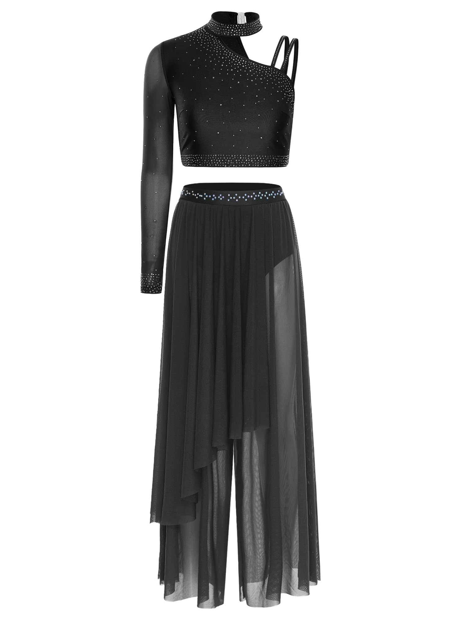 ranrann Femme Ensemble Danse Contemporaine Tenue Haut Une Epaule Strass Pantalon Danse Lyrique Moderne
