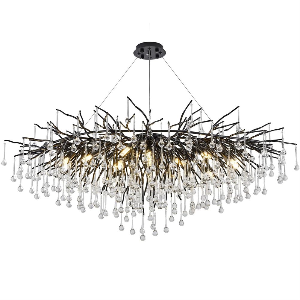 KXEcoLife Modern Crystal Rectangular Chandelier, Tree Branch Raindrop Chandelier Light Fixtures Large Kitchen Island Hanging Fixture for High Ceiling, Dining Room, Foyer - L100CM,Black
