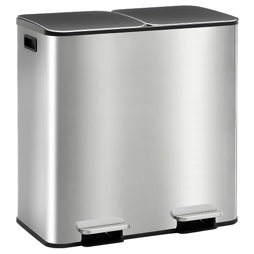 DUMOS 2 x 10.6 Gallon Kitchen Trash Can with Lid, Stainless Steel Garbage Can with Soft-Close Lid & Removable Inner Buckets, Dual Compartment Step-on Waste Bins for Kitchen Bathroom Bedroom Office