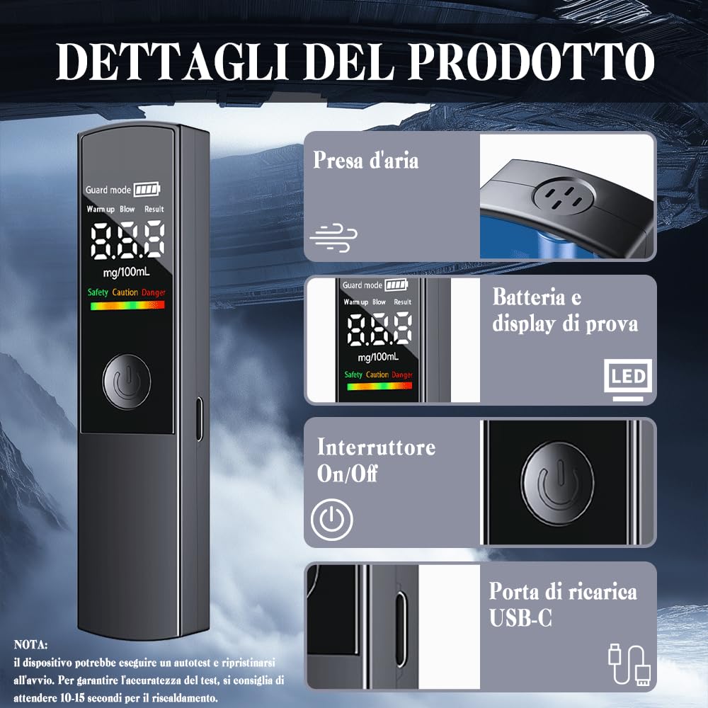 KCVV Etilometro Portatile Certificato, Etilometro Digitale LED Ad Alta Precisione, Non Necessita di Boccaglio, Design Compatto, Ricarica USB, Adatto per Uso Domestico, Professionale e per Feste