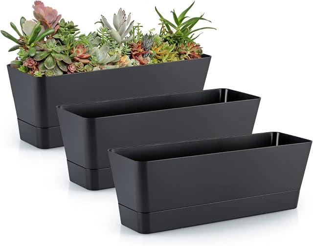 Skelang 3 Pcs Rectangle Plant Pot, Succulent Planter Box with Drainage Holes, Planter Trough for Bay Window, Kitchen Windowsill, Shelf, Coffee Table (Black)