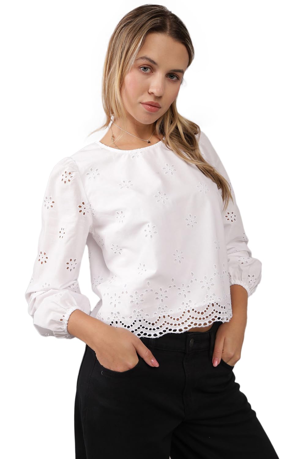 Women White Long-Sleeve Eyelet Blouse