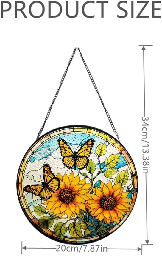 HOTIYOK Sunflower and Butterfly Stained Glass Window Hanging, Round Stain Glass for Kitchen Indoor Decorations Gifts for Women Grandma Teacher Nature Lovers