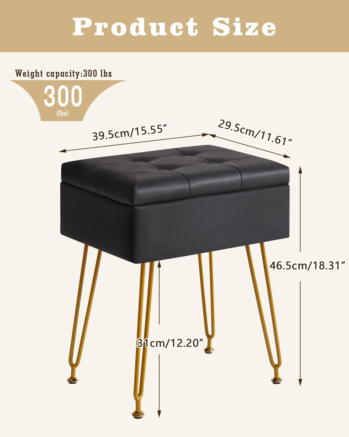 IBUYKE Multifunzionale Stoccaggio Vanity Sgabello con Flip Table, Gambe in Metallo Regolabili & Pelle PU - 40x30x48cm Poggiapiedi ottomano per Trucco, Soggiorno, Ingresso Nero WBD014B