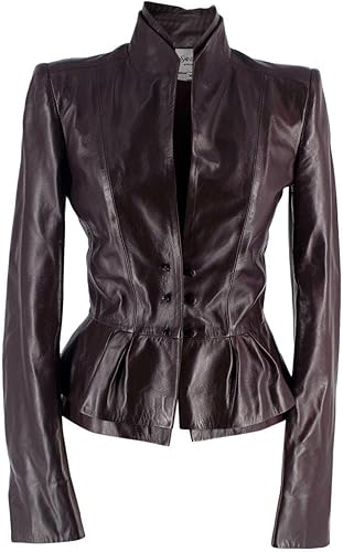 Chaqueta de cuero con volantes en burdeos de Saint Laurent de segunda mano