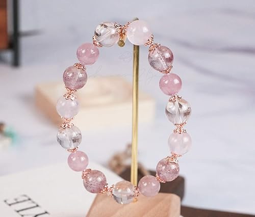 Miniatura 2 de Piedra preciosa rosa y oro rosa cuarzo rosa, cuarzo fresa, azeztulita, cuarzo rutilado pulsera hecha a mano con diseño original