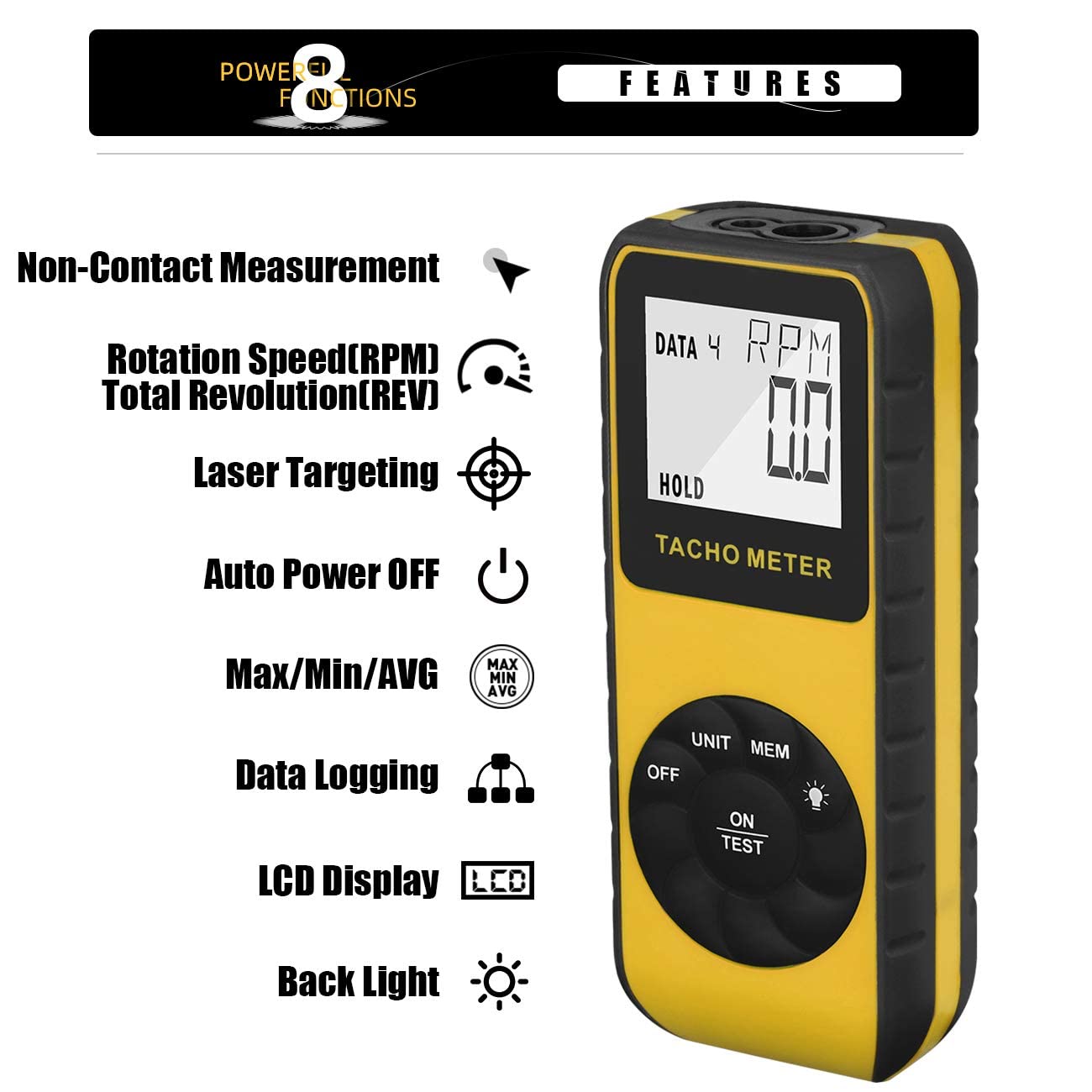 Tachymètre Laser Numérique Tachometer Sans Contact 7,0-99 999 tr/min, Enregistreur de Données, Mesurer Vitesse de Rotation RPM Moteur Voiture Camion Moto Tondeuse à Gâteau, AIOMEST AI-9235C