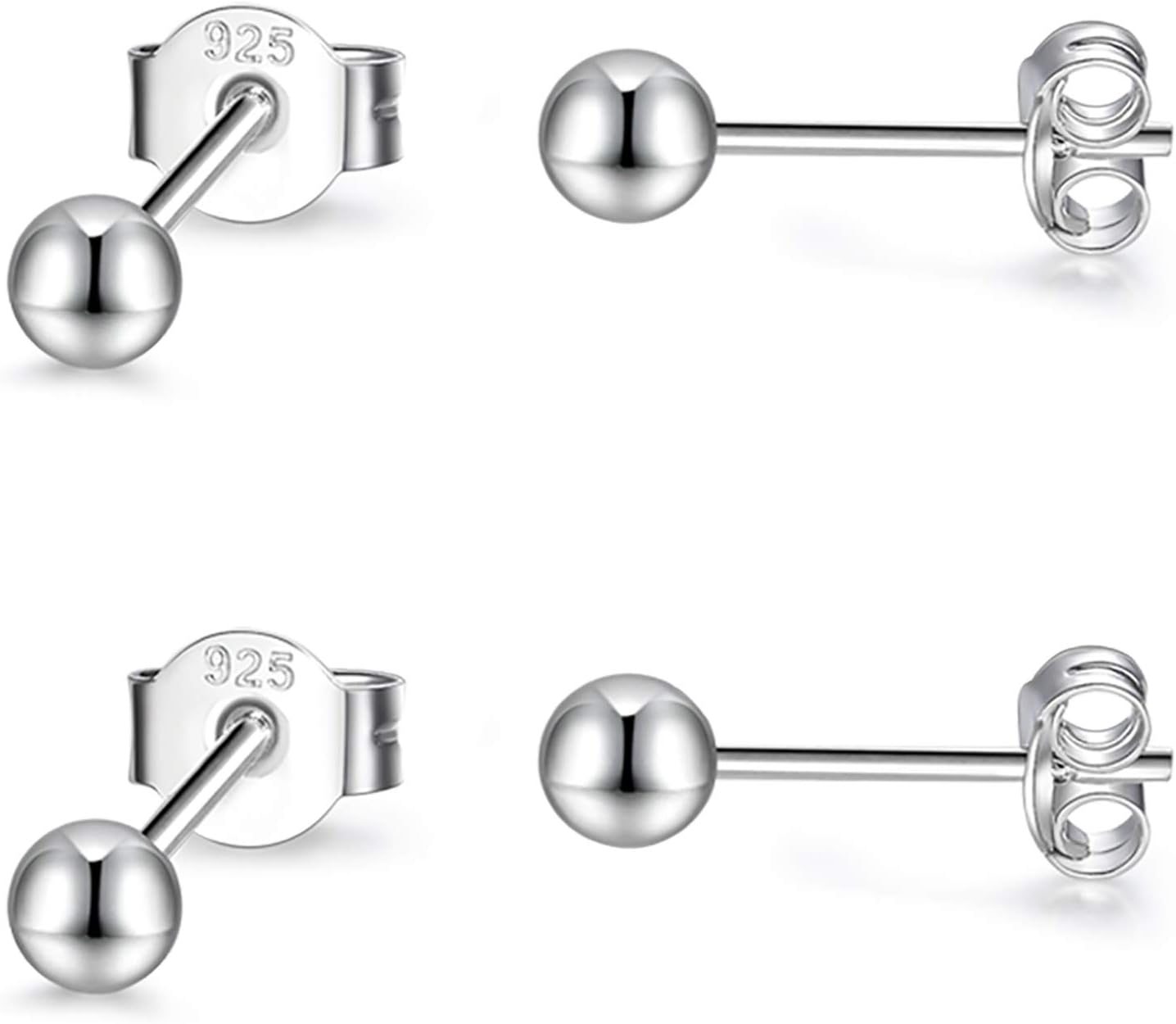Sterling Silver Stud Earrings for Women- 2 Pairs 3mm Tiny Ball Stud Earrings Round CZ Cubic Zirconia Earrings Pearl Earrings Set Cartilage Small Tragus Earrings Nose Lip Rings