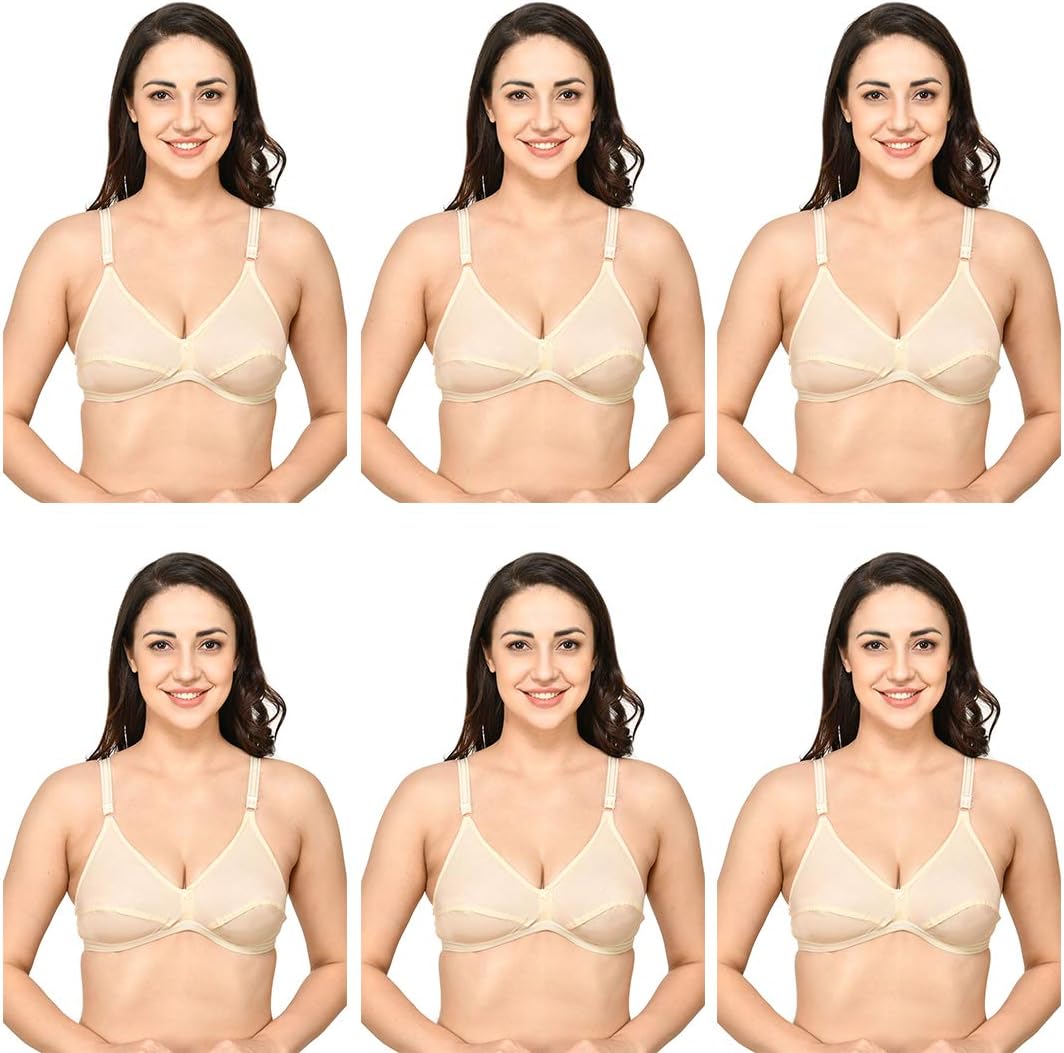VERMILION Cotton Blend Lightly Padded Bra Set | Full Coverage ๐๐ฎ๐ฉ๐ฉ๐จ๐ซ๐ญ Bra with Adjustable Straps Combo Women and Girl (Skin Pack of 6)